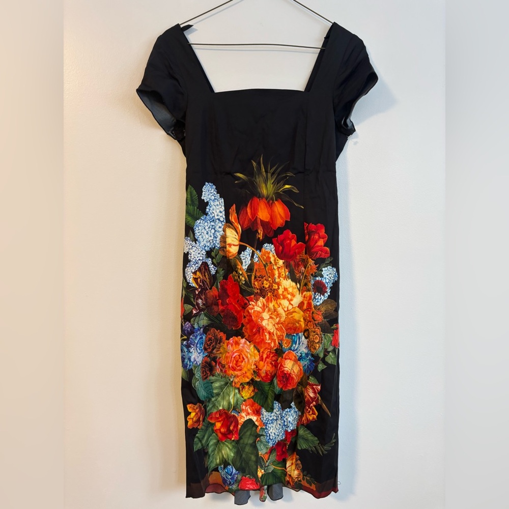 Tenax Black Floral Cap Sleeve Made in Italy Midi Dress Size Small